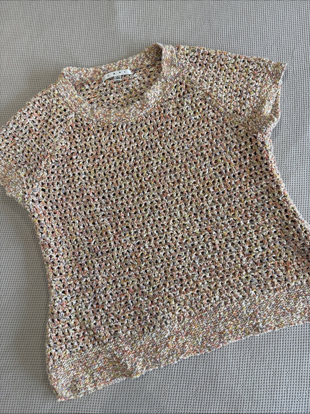 CAbi Multicolor Open-Knit Crew Sweater in Cream, Pink & Tan